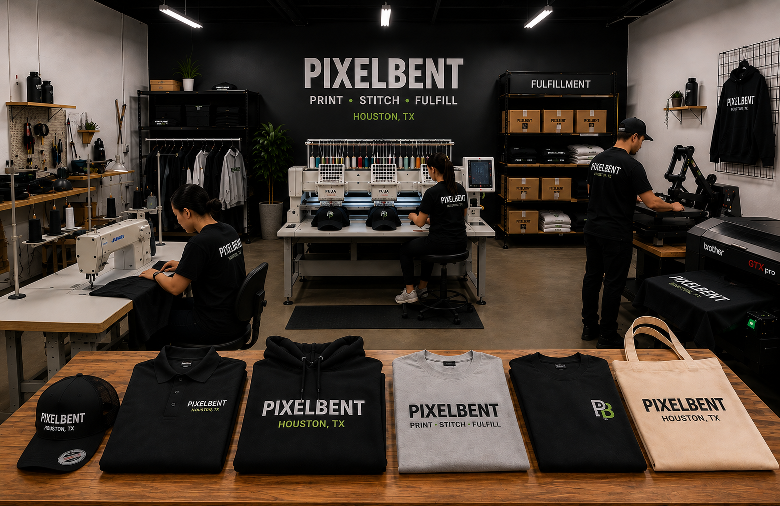Pixelbent Houston shop floor with embroidery, sewing, DTG, and branded apparel